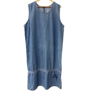 Vintage Country Wear Embroidered Denim Shift Dress Crochet Sleeveless Side Slits